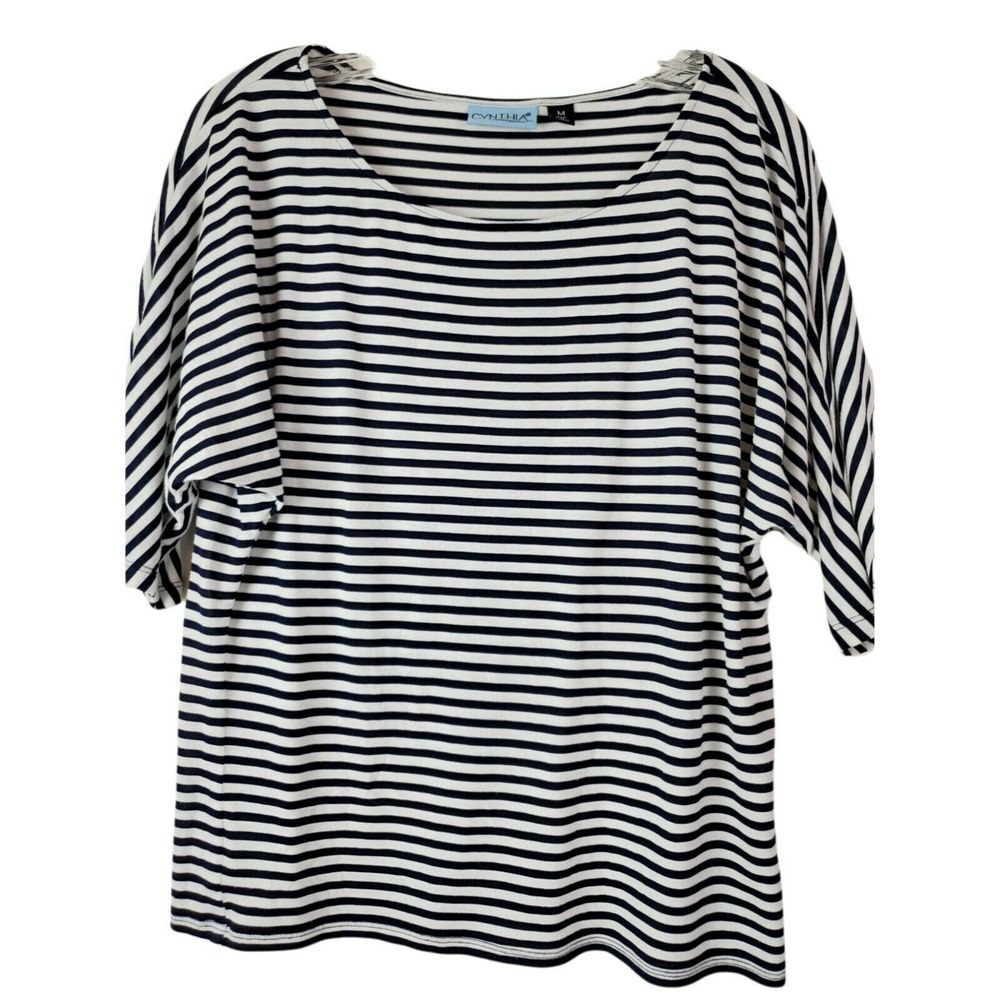 Cynthia Rowley Women's 3/4 Sleeve Striped Blouse Size M Navy Blue